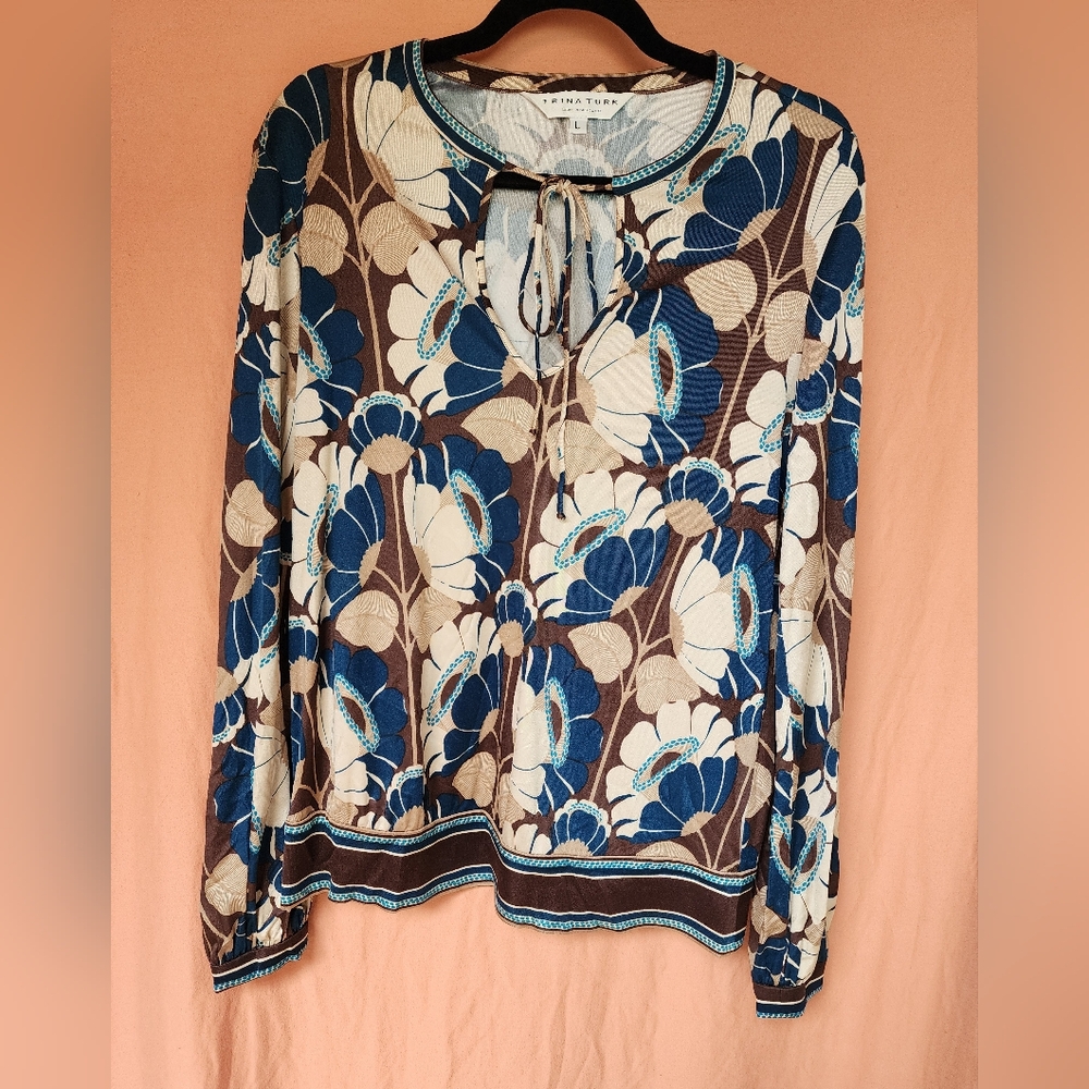 Trina Turk Blue, Brown & Cream Floral Long Sleeve Tie-Neck Top